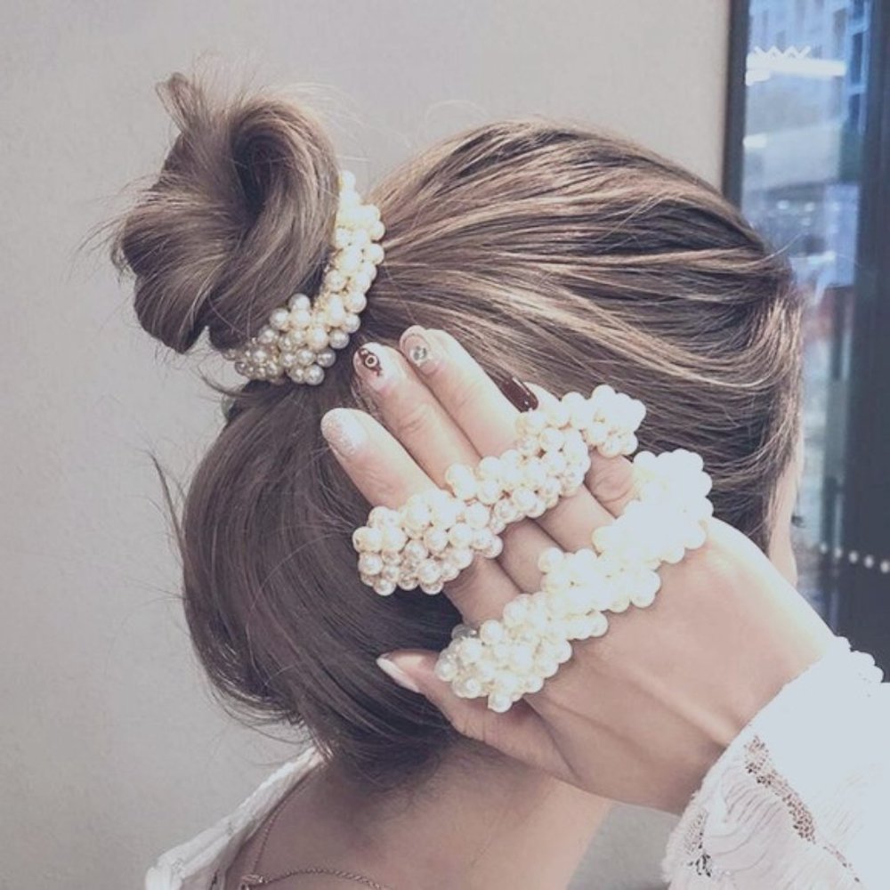 Pearl Cluster Hair Scrunchie Set - Elegant Cream Hair Accessories